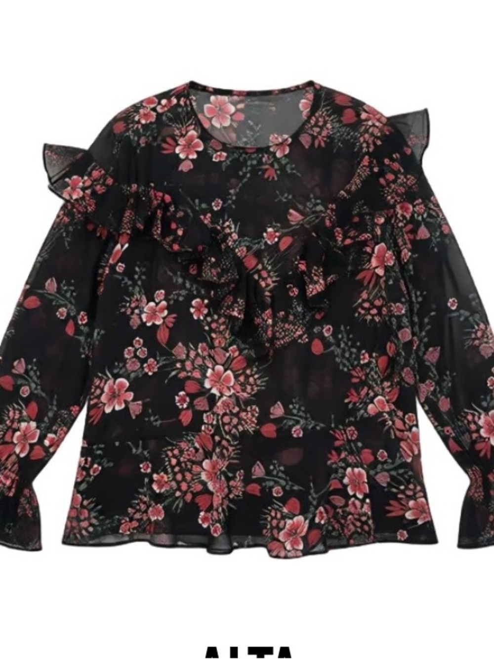 Zara Black Sheer Floral Ruffle Blouse - black floral